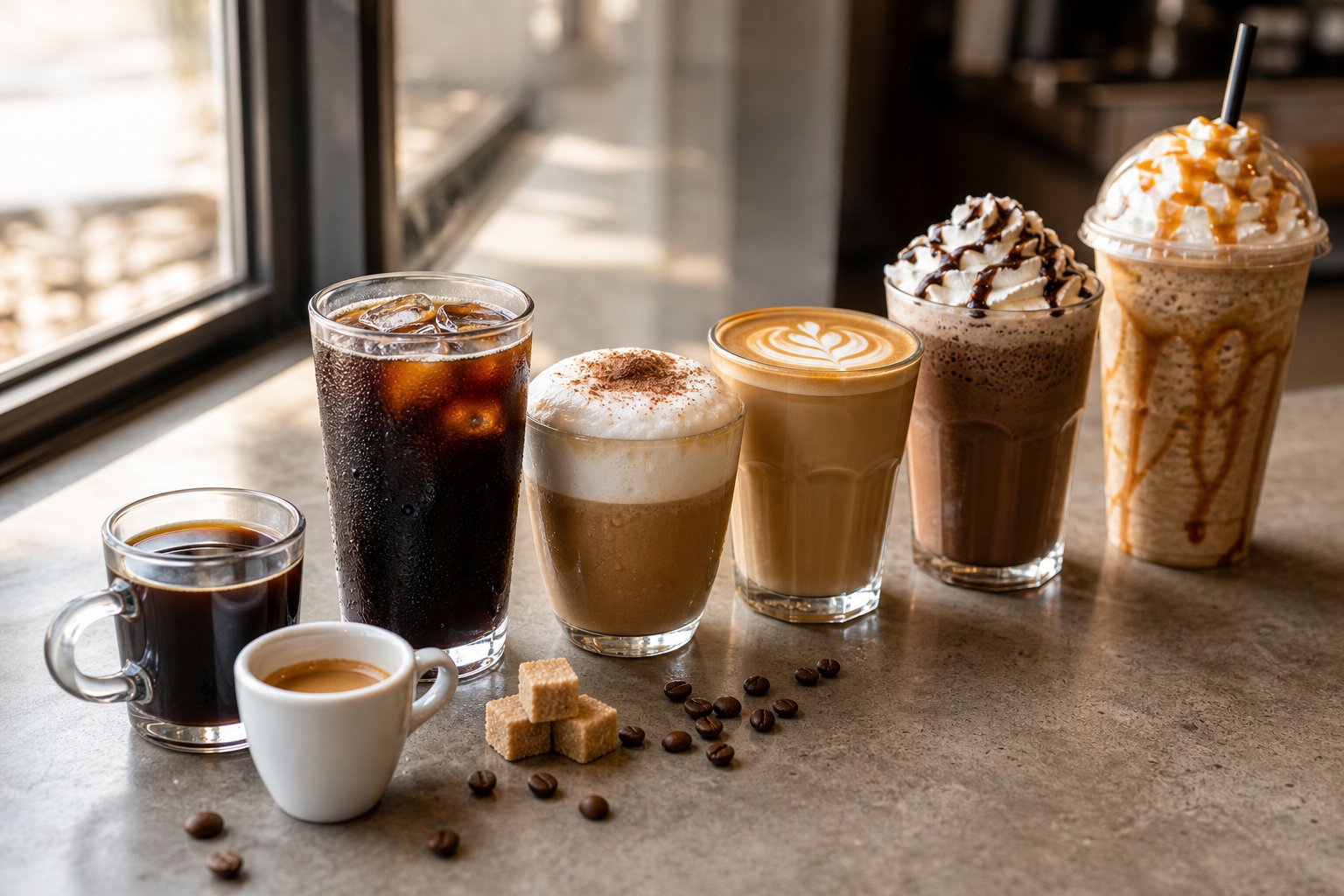 A row of coffee drinks from black coffee to a whipped-cream frappuccino on a café counter.