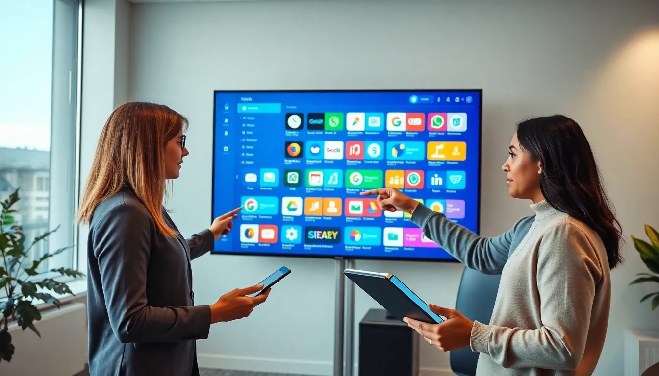 professionals discussing SaaS applications in a modern office.