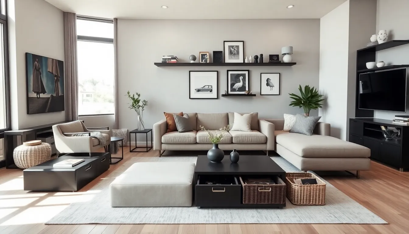 modern living space maximizing small area with multifunctional furniture.