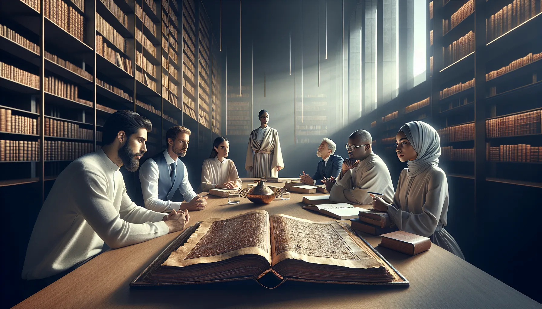 diverse professionals discussing ancient texts in a modern library.