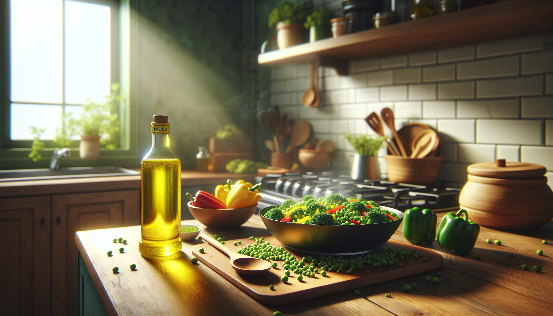 a bottle of canola oil with fresh vegetables on a kitchen counter.