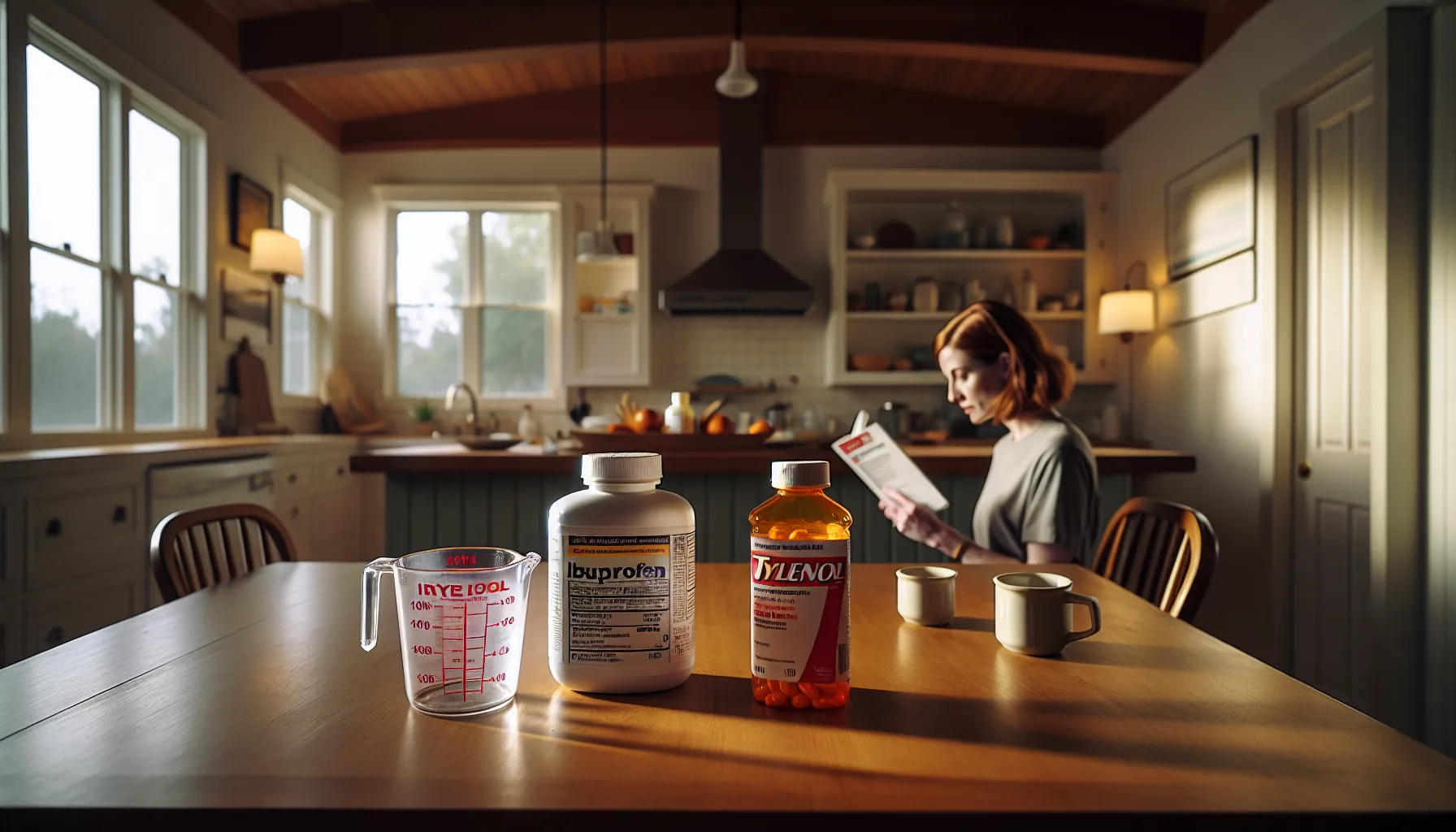 A woman comparing ibuprofen and Tylenol in a cozy kitchen.