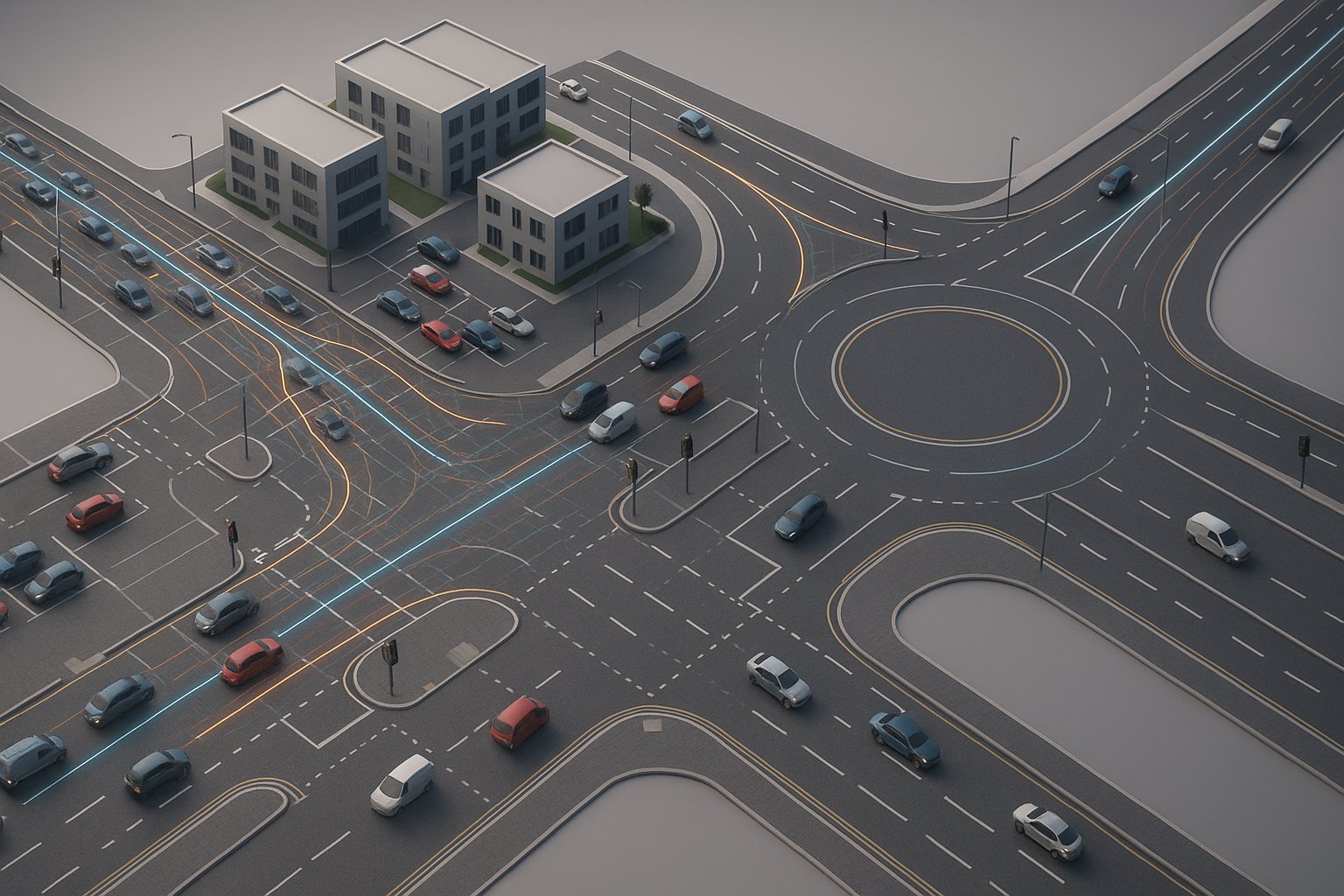 3D road network model showing traffic impacts from development and highway changes.