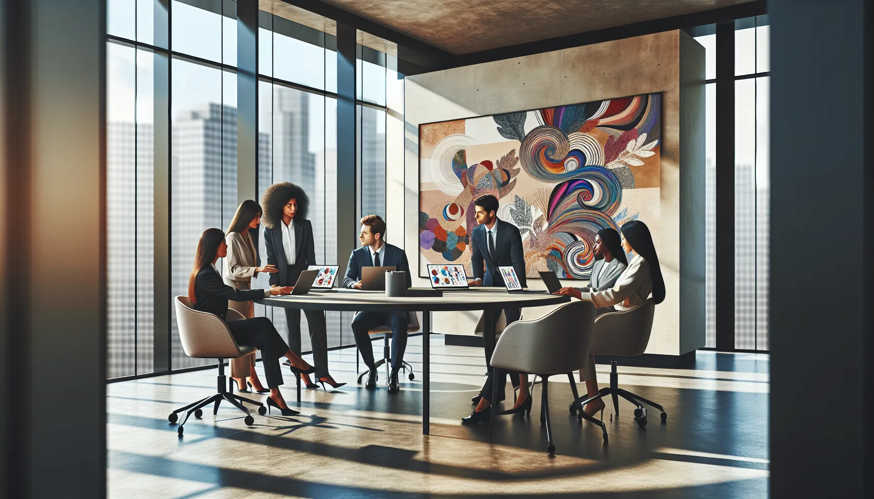 diverse team discussing cultural heritage in a modern office.