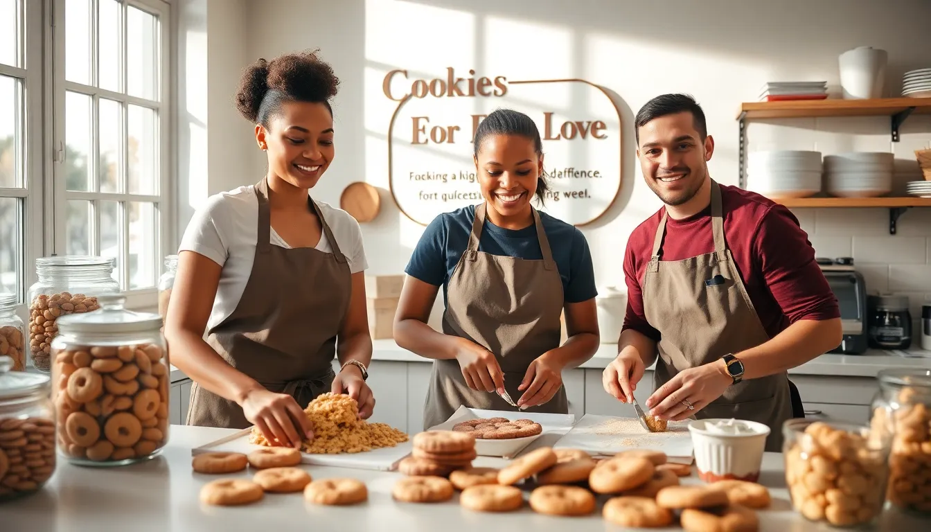 diverse bakers in a cozy bakery preparing cookies.