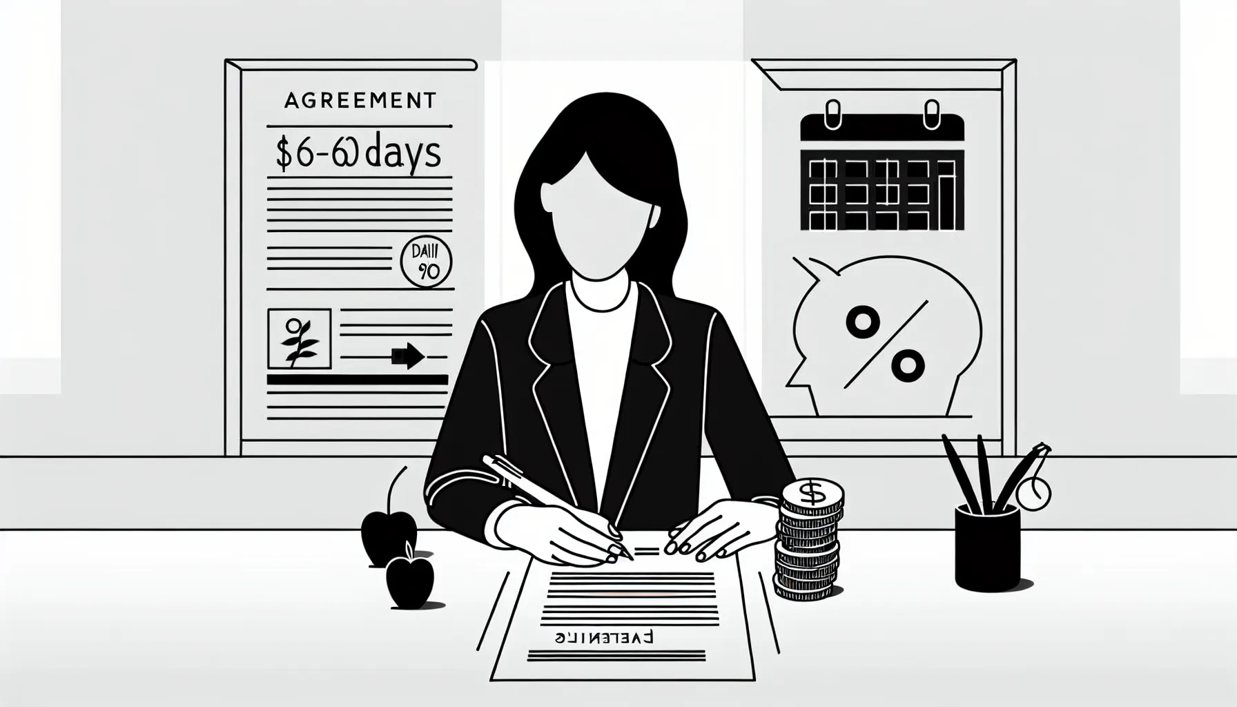 Dentist reviewing a contract with icons for pay, calendar, warnings, and benefits.