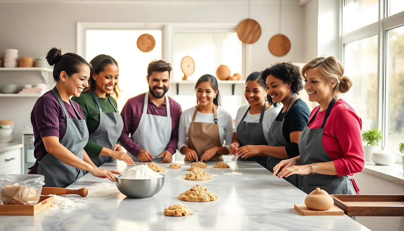 bakers collaborating in a bright kitchen for cookie production.