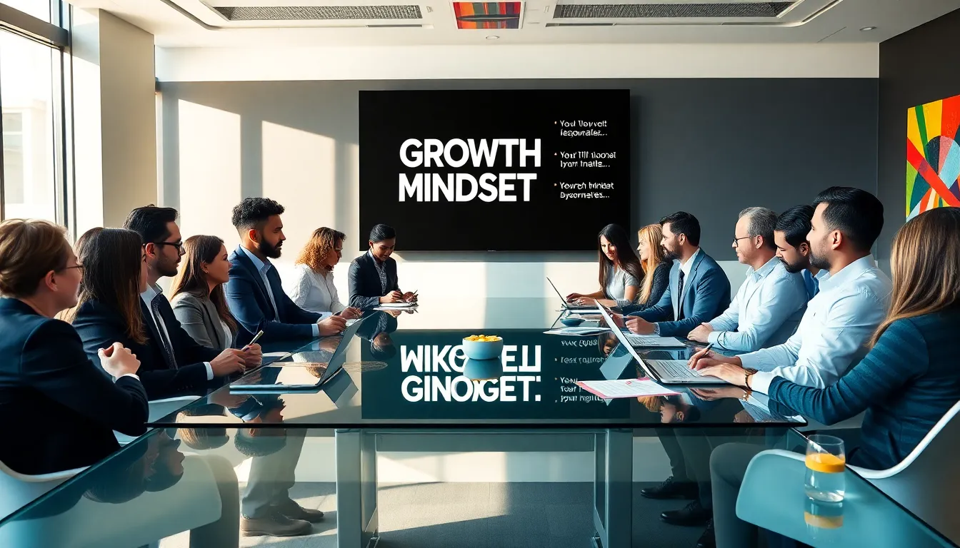 diverse team brainstorming growth mindset concepts in a modern office.
