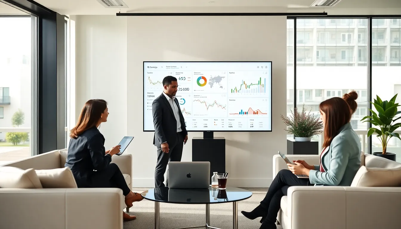 diverse team collaborating in a modern office with digital marketing tools.