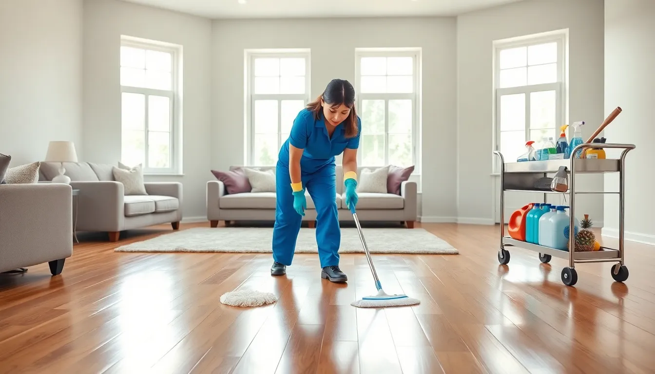 professional cleaner scrubbing a spotless living room in a bright setting.