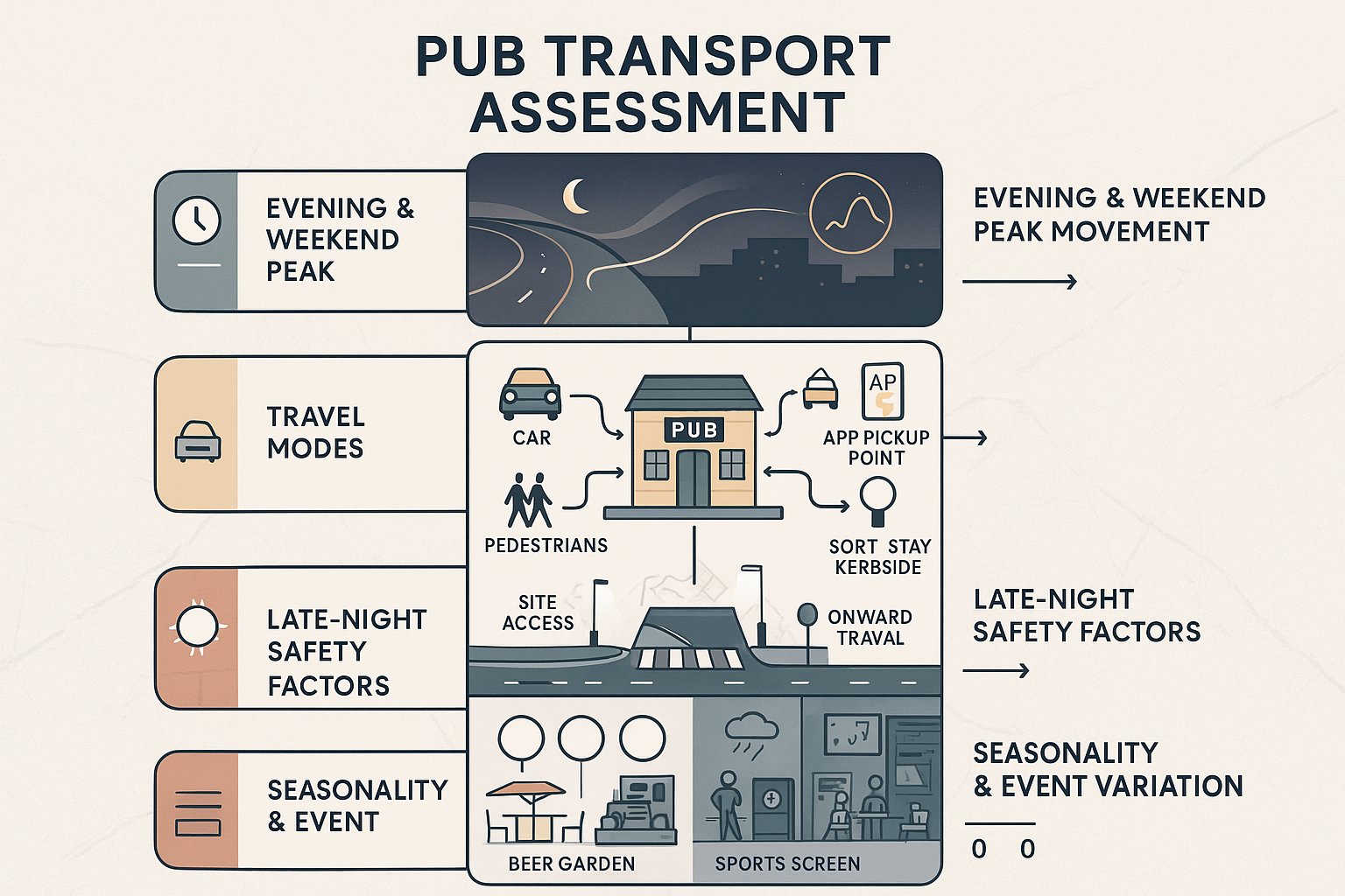 Infographic showing key transport and safety factors for UK pubs.