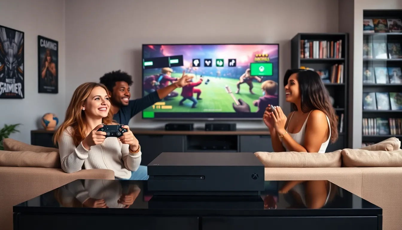 diverse group of friends gaming together in a modern room.