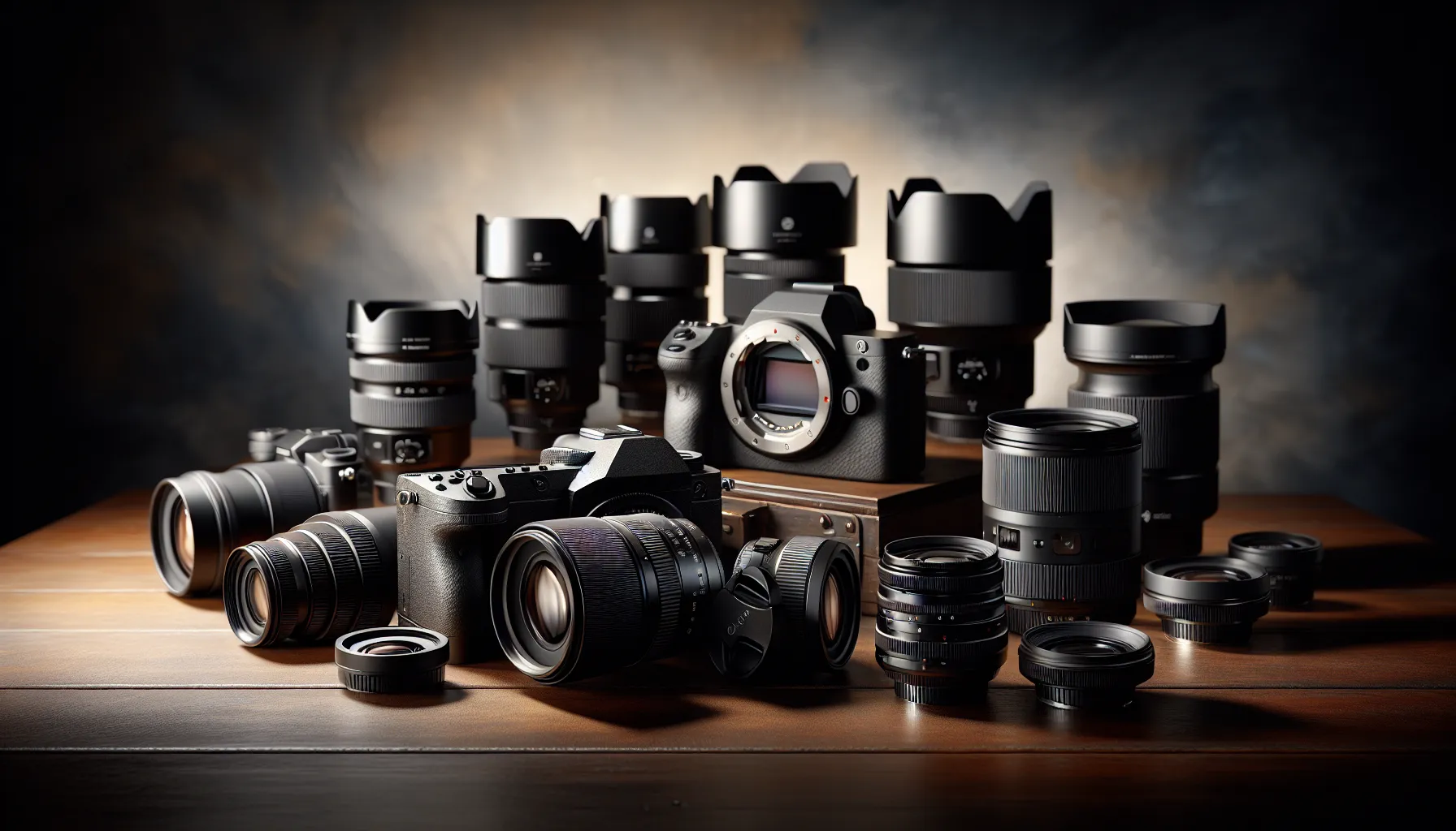 Close-up of DSLR and mirrorless cameras placed with lenses on a studio table.