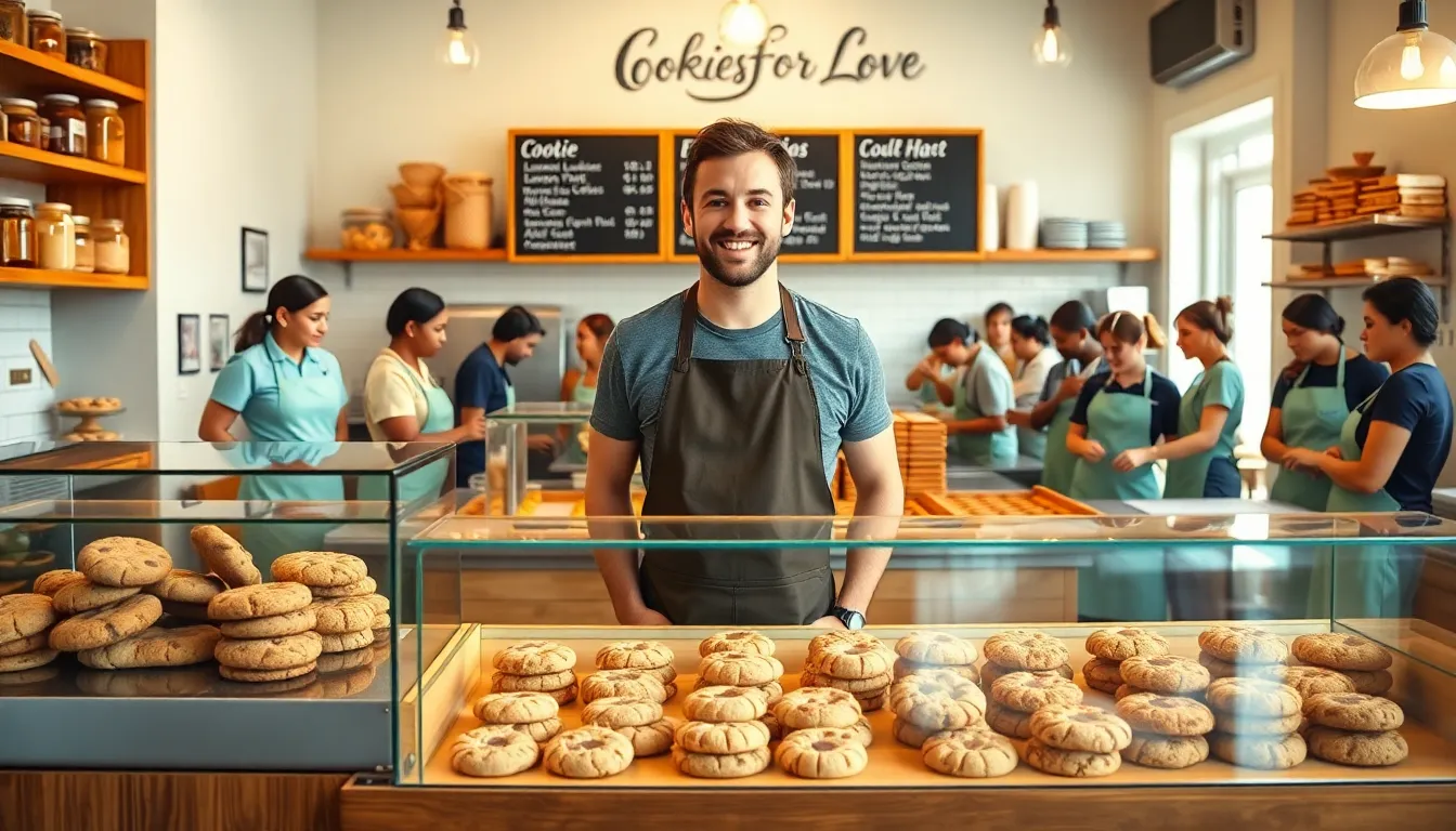 Jackson at a bakery with a display of assorted cookies.