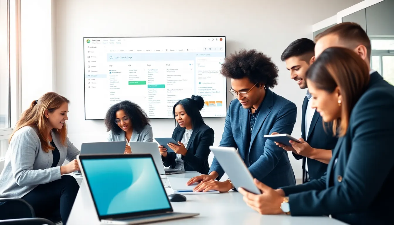 diverse professionals collaborating in a modern workspace using Outlook.