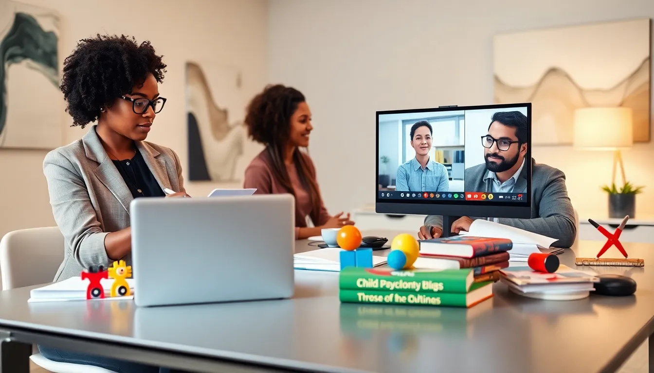 diverse group learning about child development online in a modern workspace.