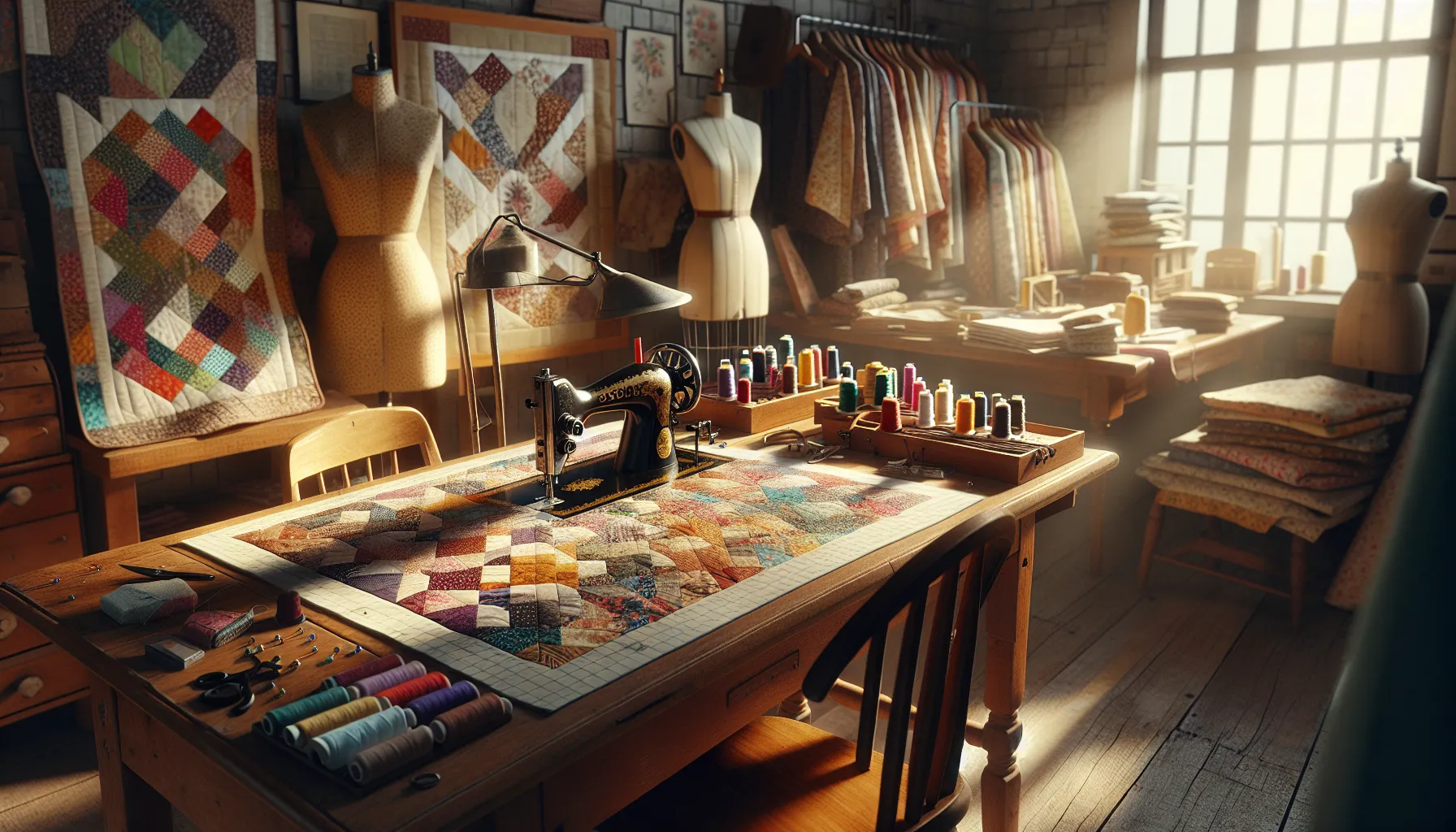 A sewing station with quilting materials and fabric projects.