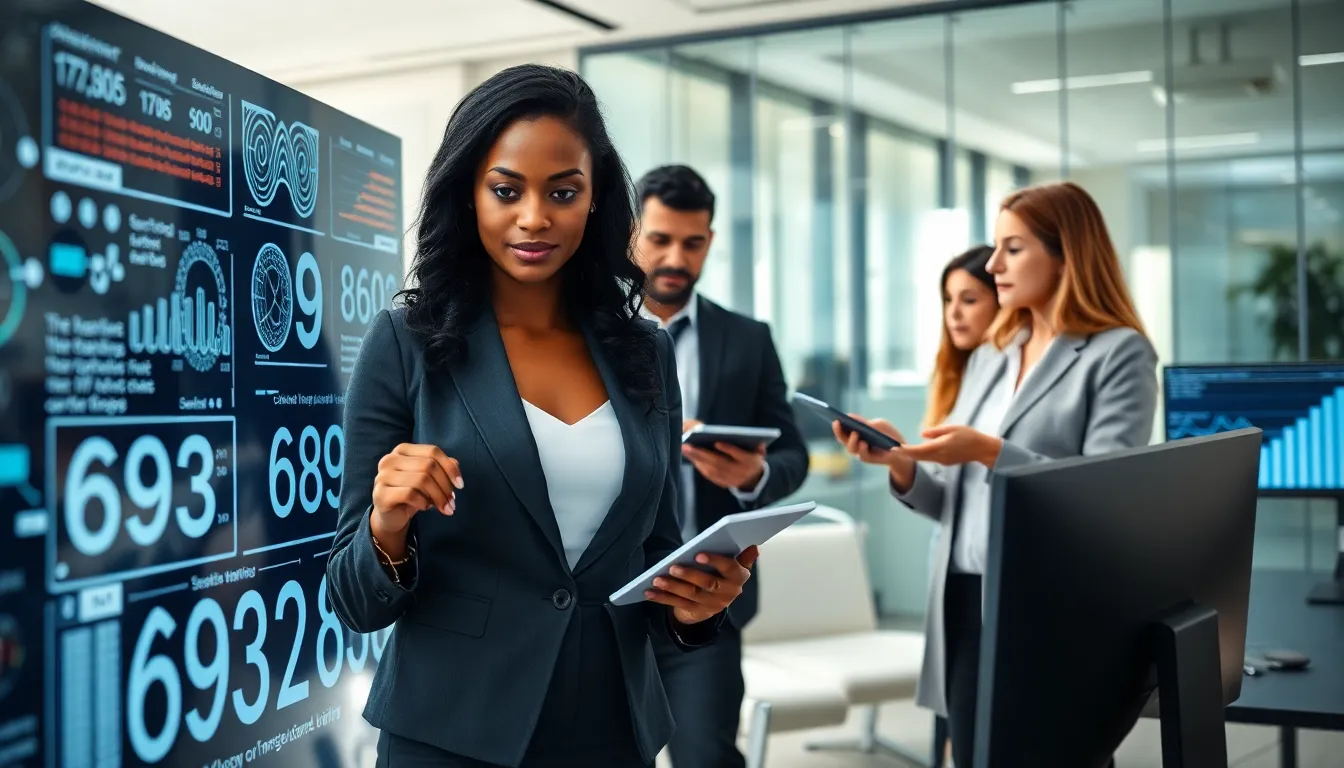 professionals analyzing data in a modern office setting.