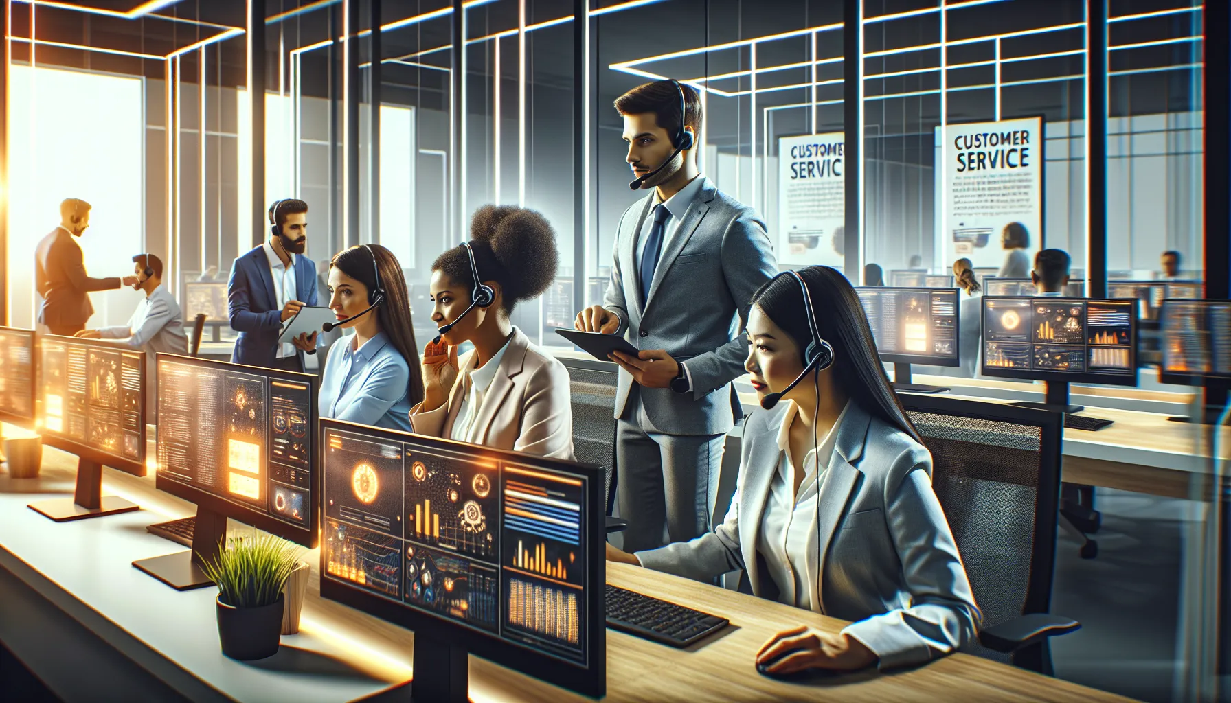 diverse customer service team in a modern call center.