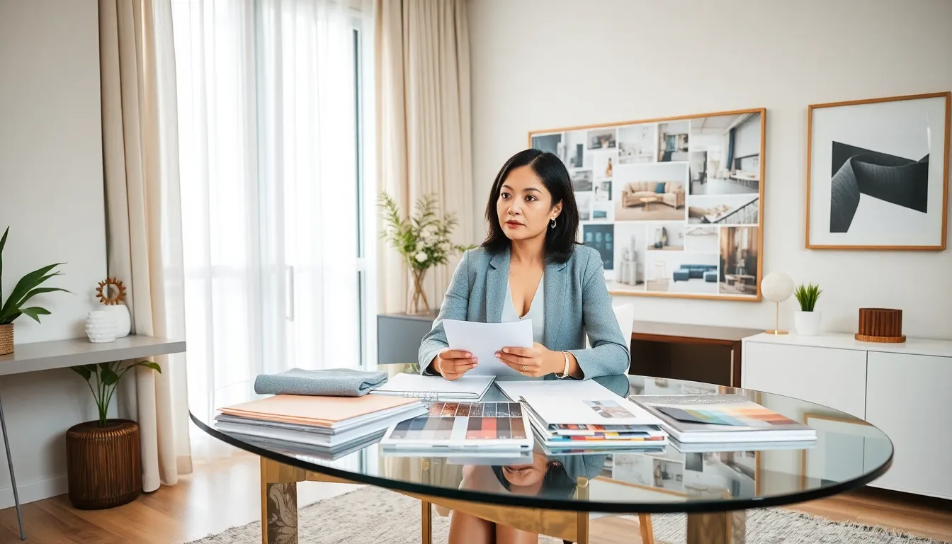 interior decorator consulting in a modern office with design materials.