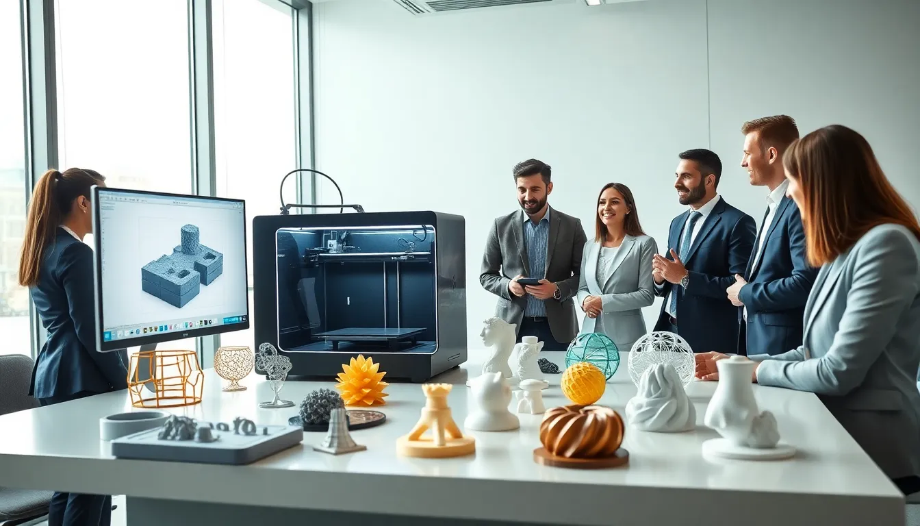 diverse team collaborating on a 3D printing project in a modern office.