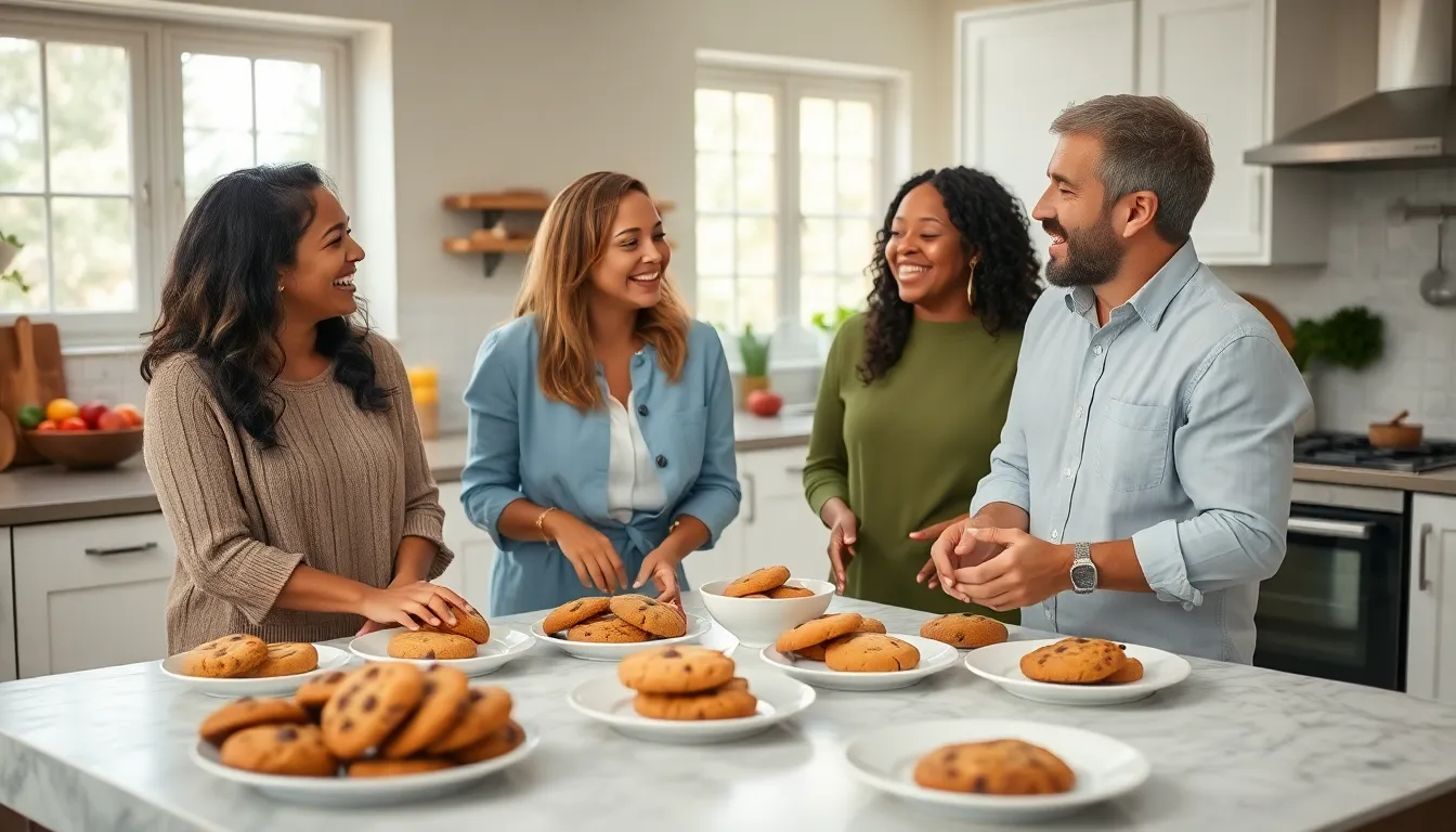 diverse team discussing cookie recipes in a welcoming kitchen.