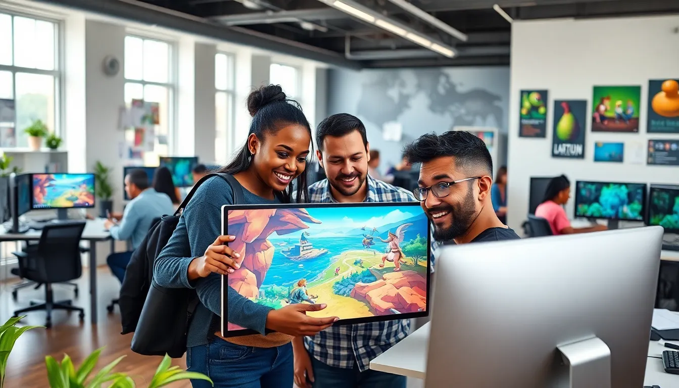 a diverse team of developers collaborating on video game design.