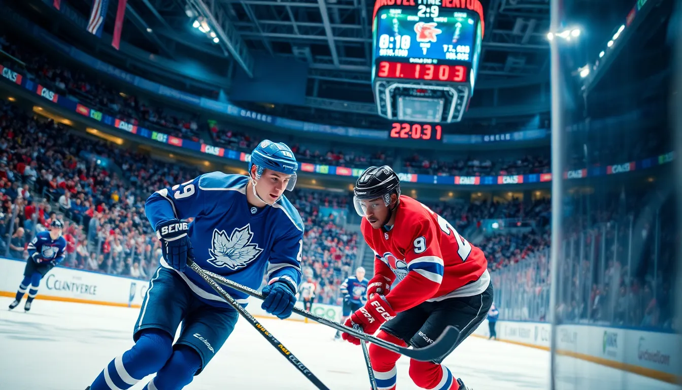 intense hockey game action between two players in a competitive arena.