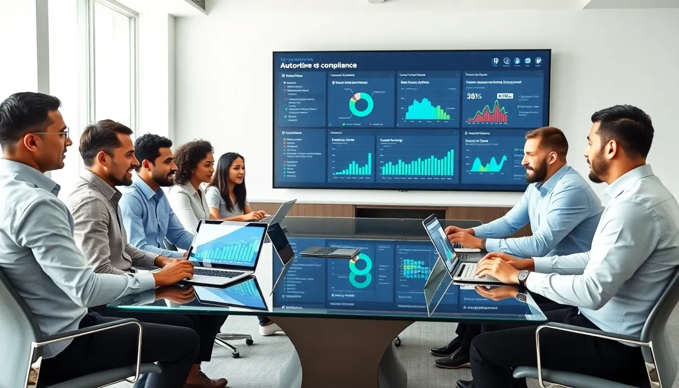 diverse team discussing automated compliance software in a modern office.