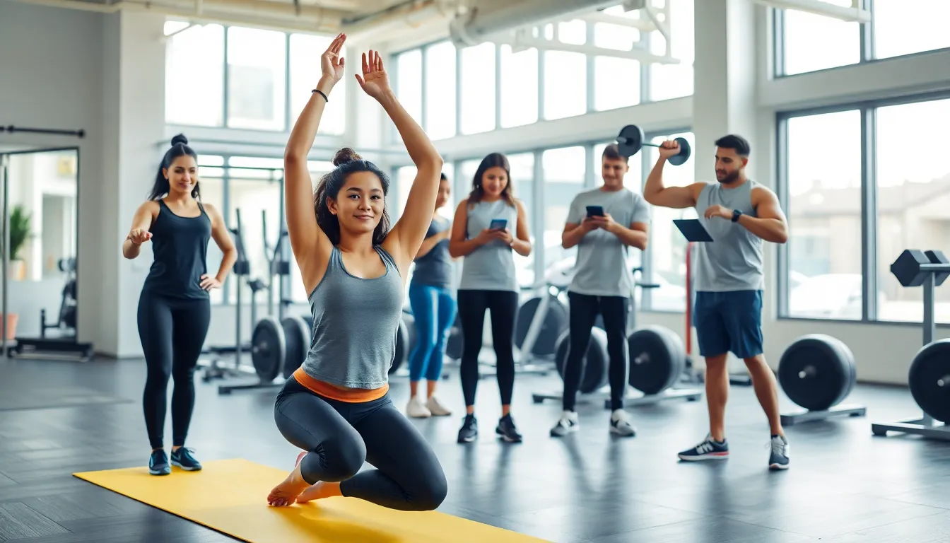 fitness enthusiasts engaged in diverse activities in a modern gym.