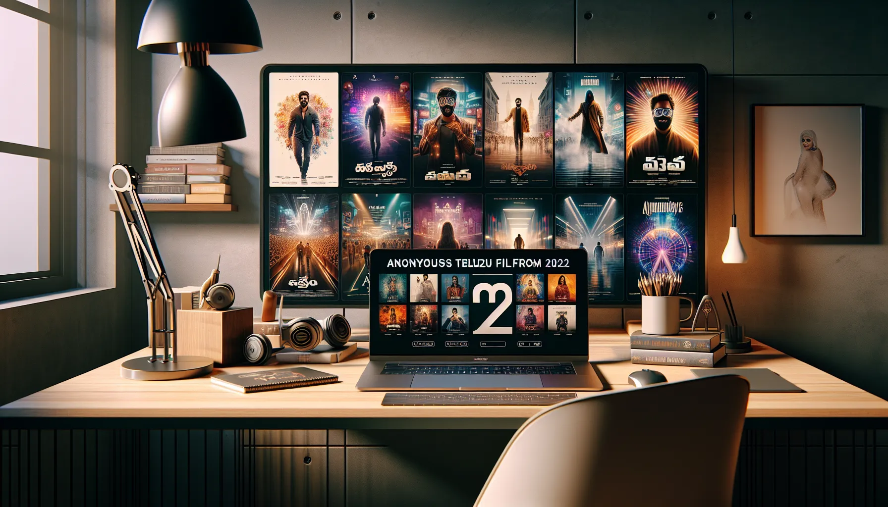 showcasing Telugu movie posters from 2022 in a modern workspace.