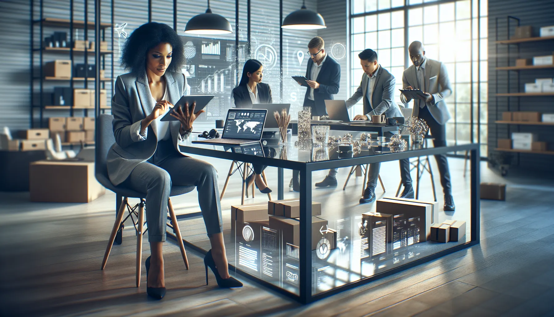 diverse team collaborating in a modern e-commerce office.