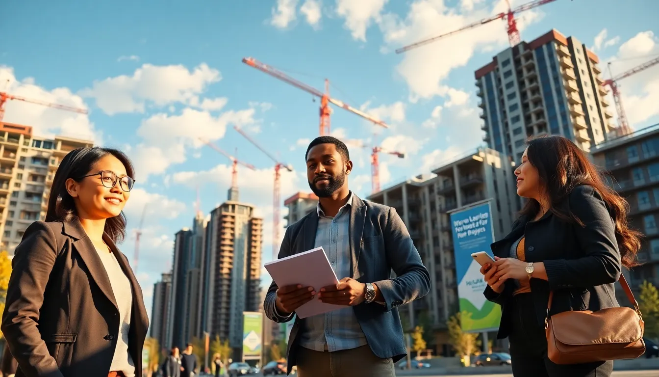 diverse professionals discussing urban real estate developments in a city setting.