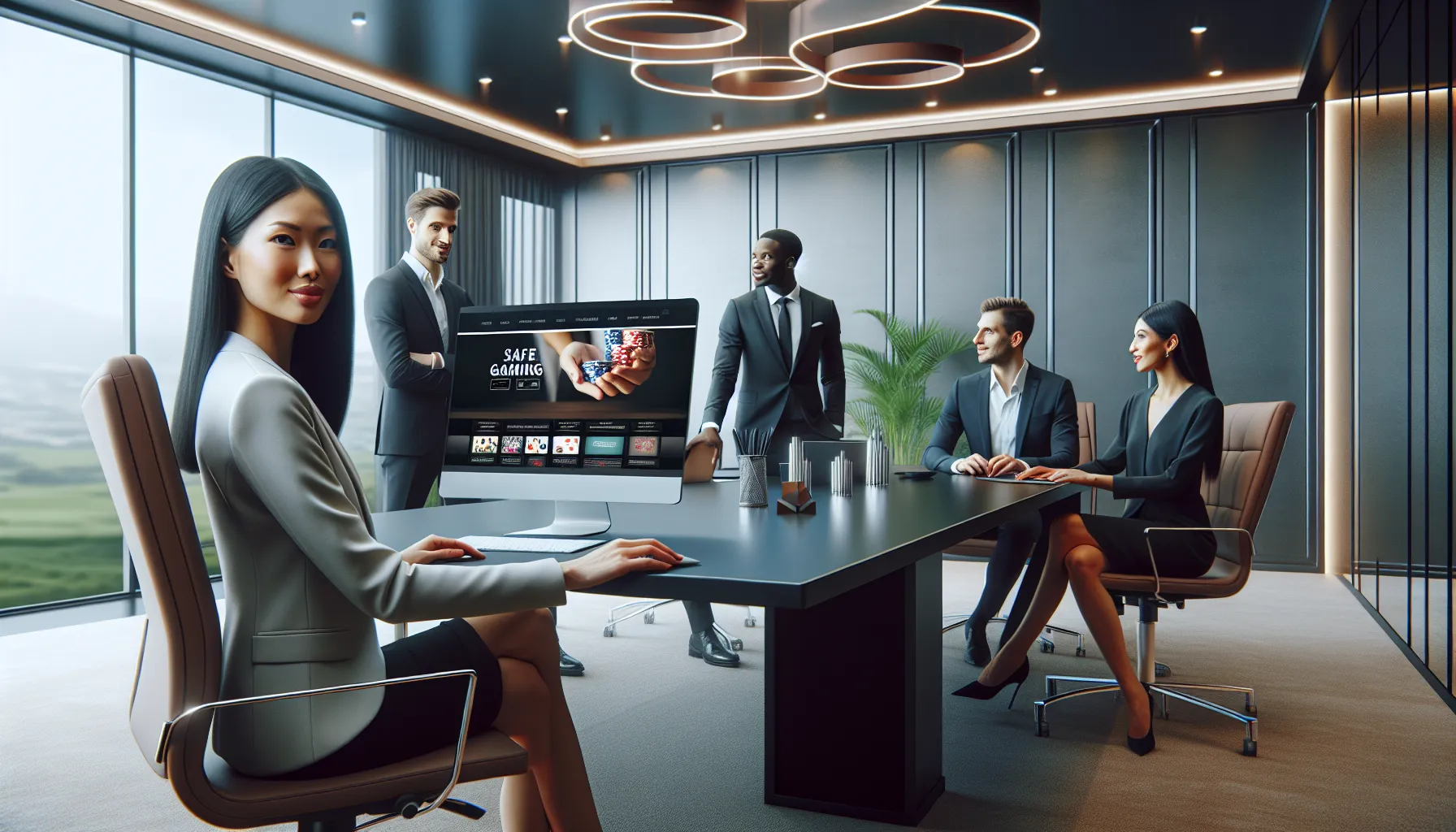 A team discusses responsibility in online gambling in a modern workspace.