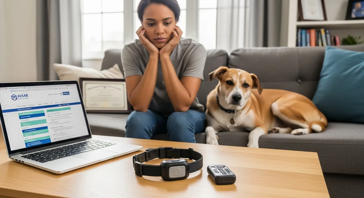 Dog owner considering an unused e-collar while gently petting a relaxed dog.