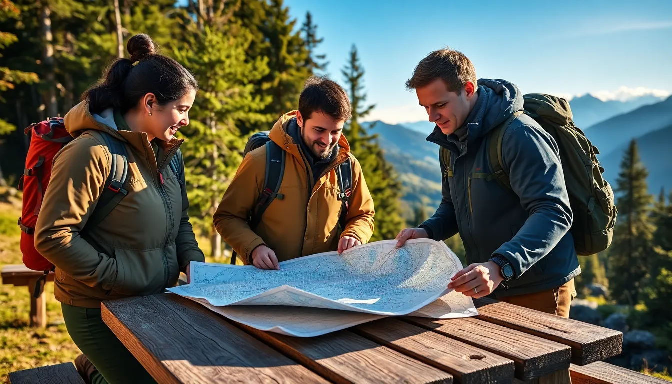 diverse group of adventurers discussing plans outdoors.