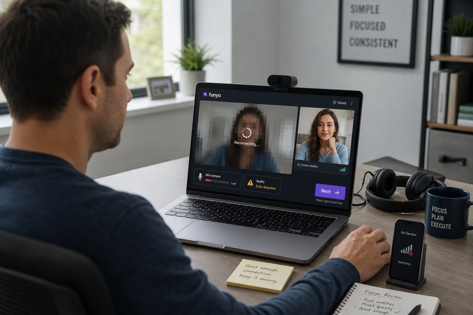 Professional using random video chat on laptop with unstable video and audio cues.