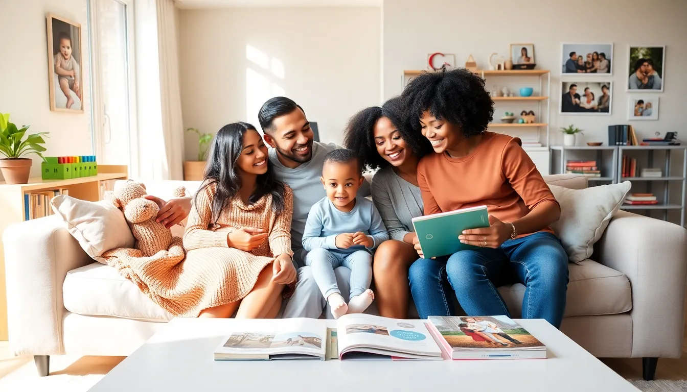 family celebrating adoption in a modern living room.