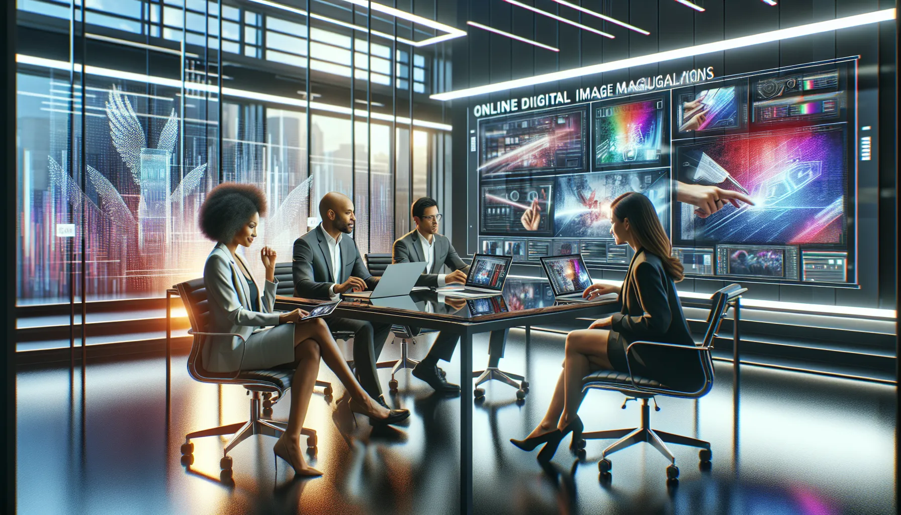 diverse team engaged in an online Photoshop course with modern tools.