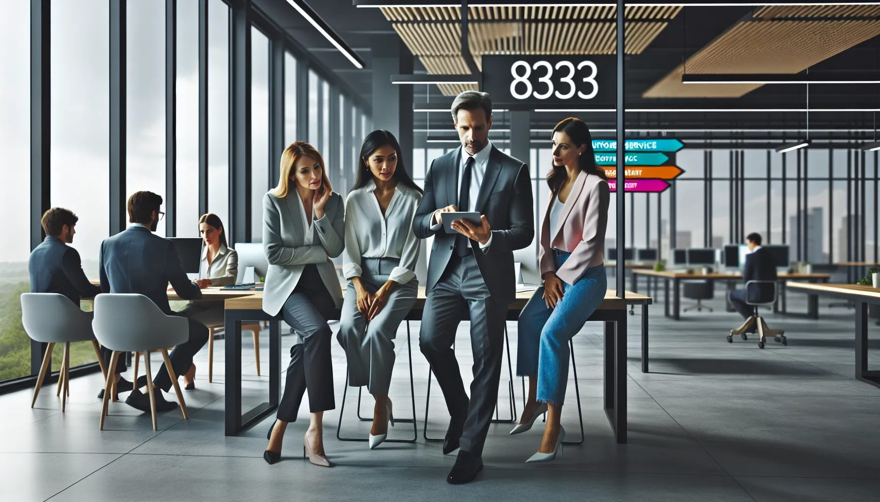 diverse professionals discussing an 833 number in a modern office.