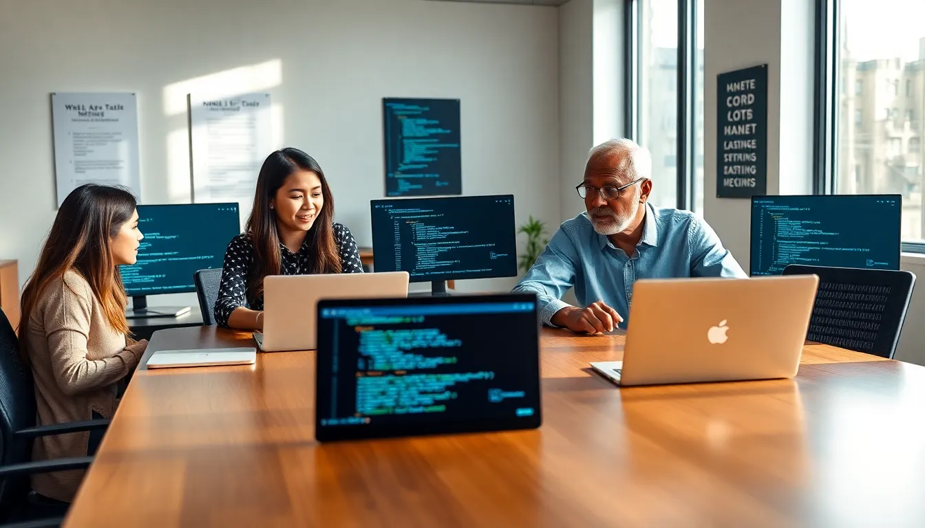 diverse team discussing coding basics in a modern office.