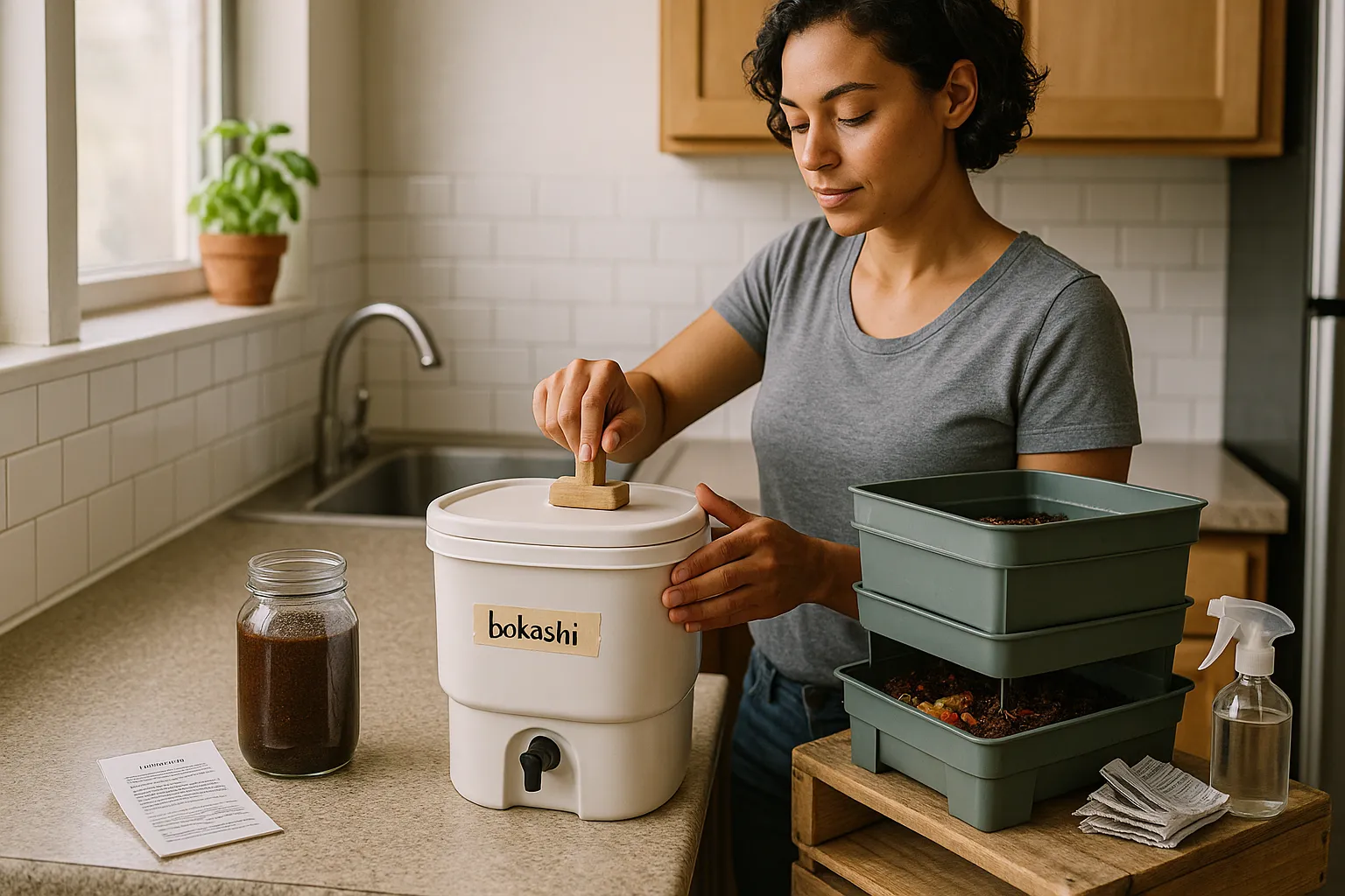 Person pressing a bokashi bucket lid next to a small worm bin on a crate.