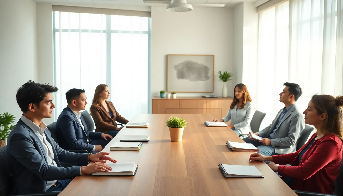 diverse professionals practicing mindfulness in a modern office setting.
