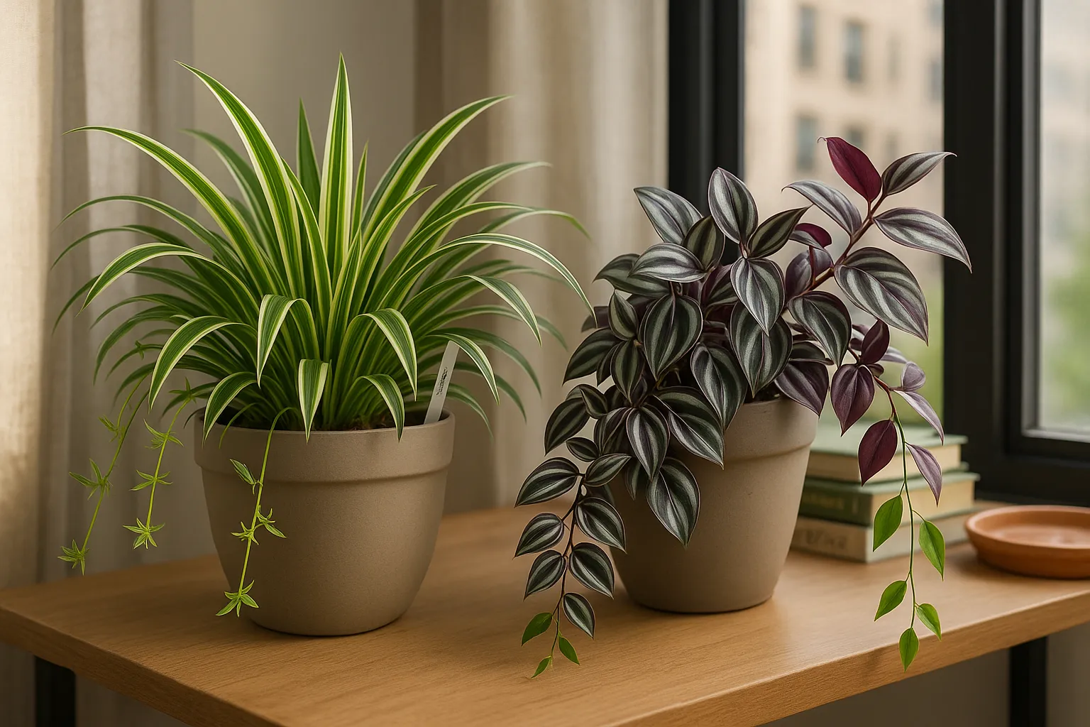 Side-by-side spider plant with baby plantlets and trailing Tradescantia vines.