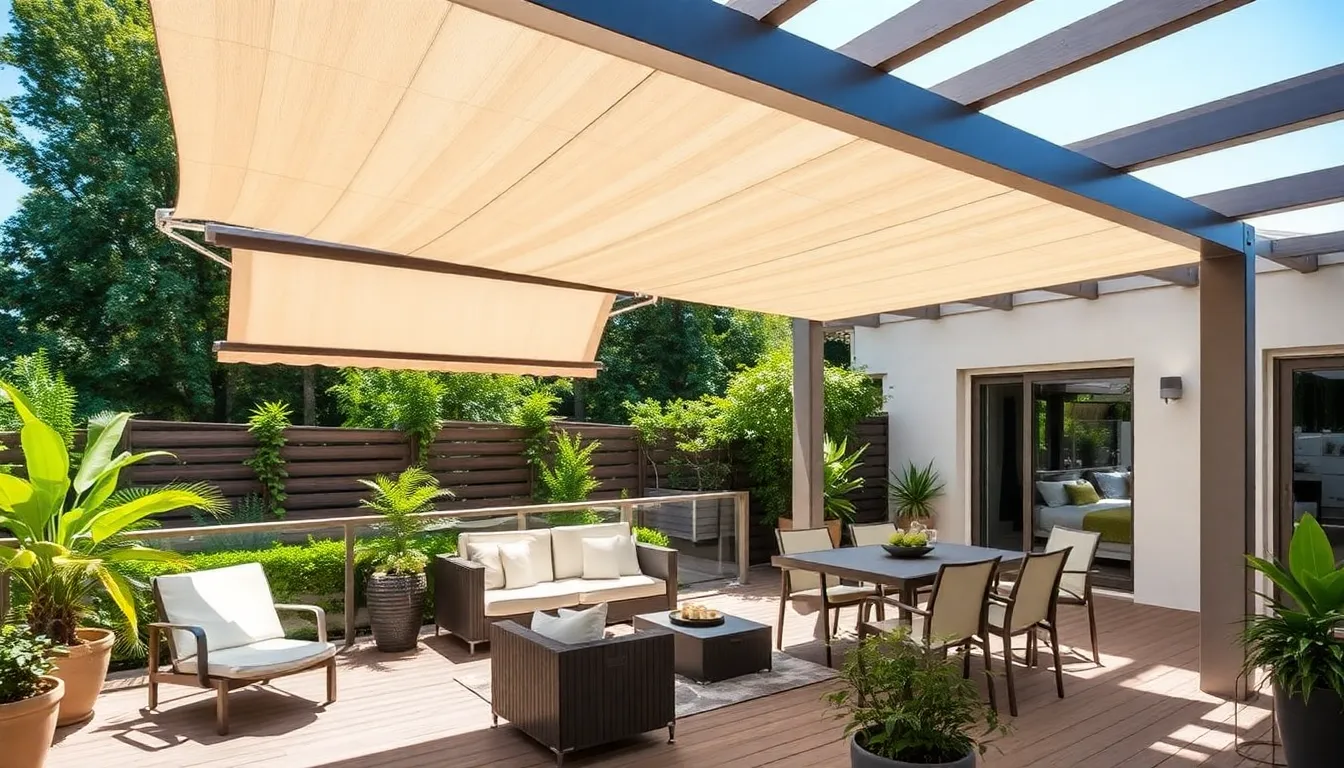 patio with stylish outdoor sun shades and comfortable furniture.