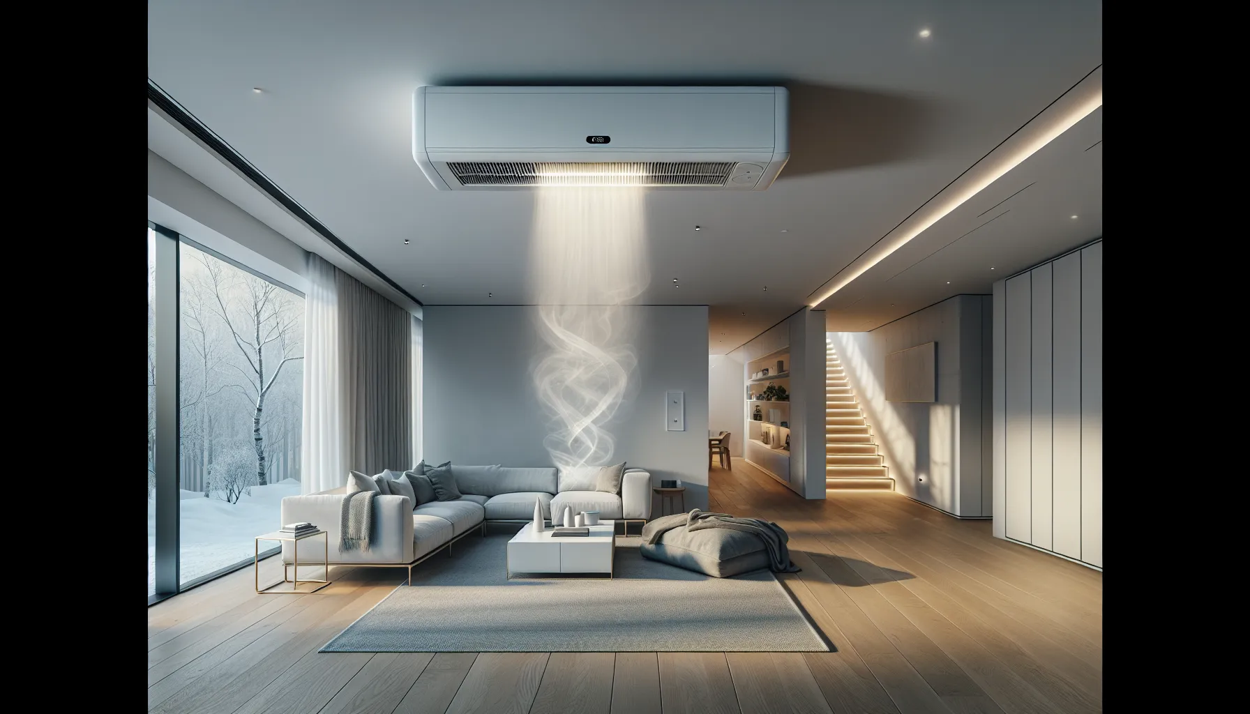 Heat pump high on a wall spreading warm air in an open norwegian living room.