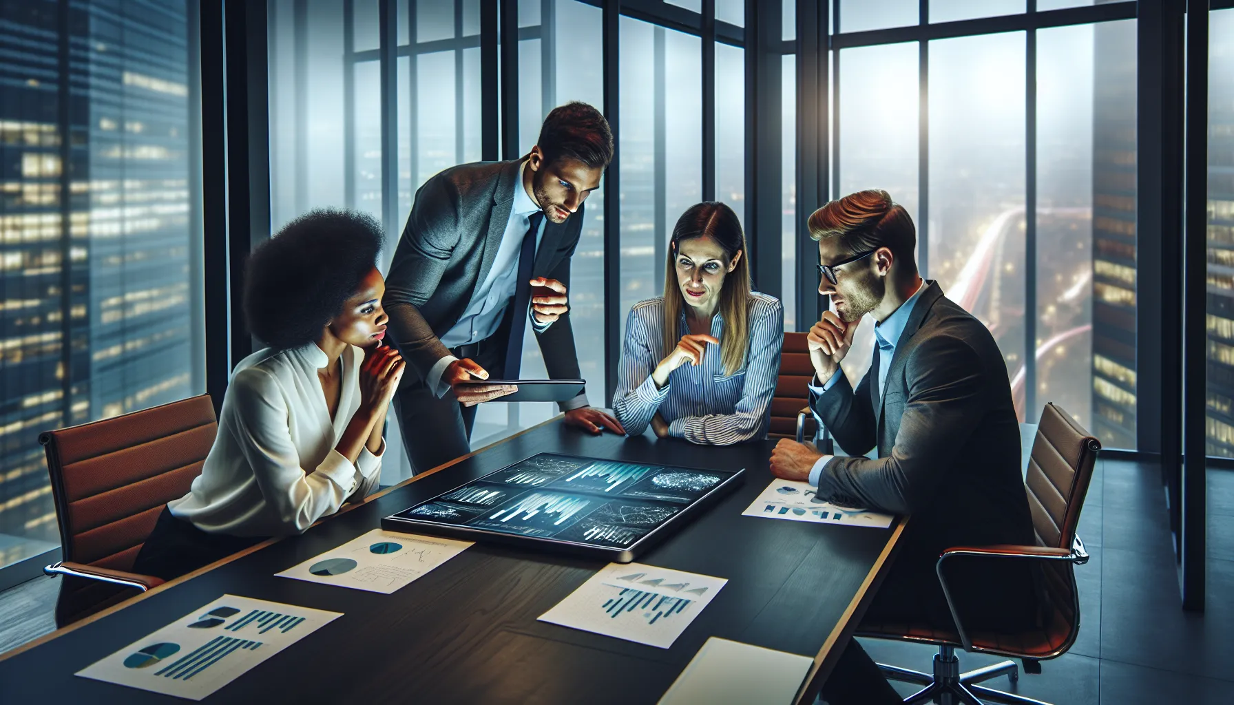 professionals discussing a complex number in a modern conference room.
