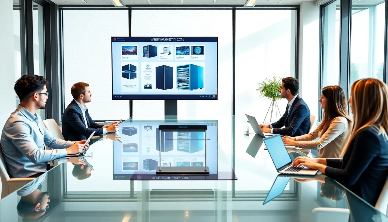 professionals collaborating over Webbizmagnet.com hardware solutions in a modern office.