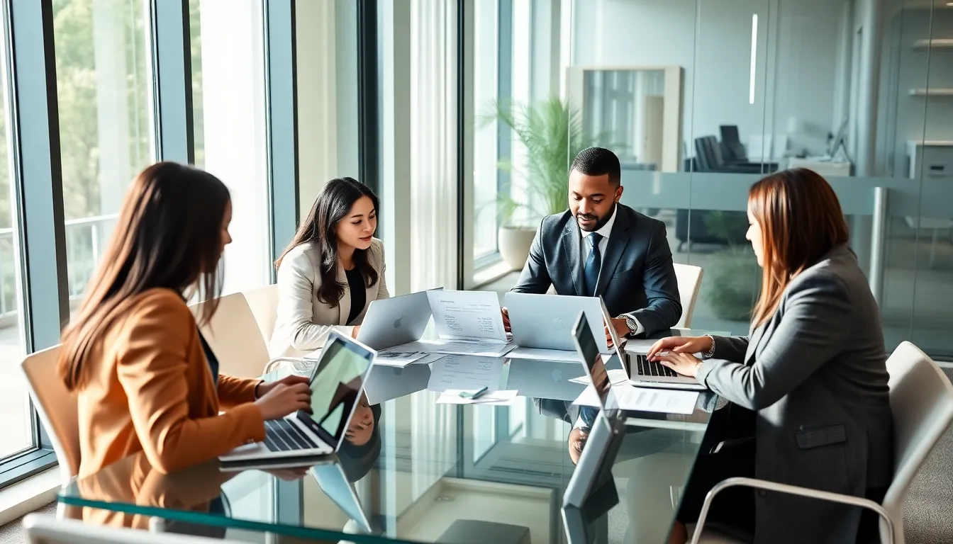 diverse professionals discussing mortgage options in a modern office.
