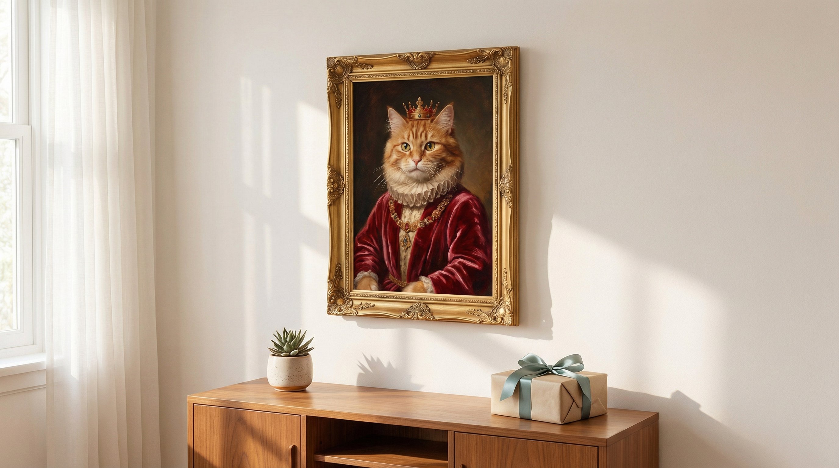 Framed Renaissance-style cat portrait hanging on a sunlit living room wall.